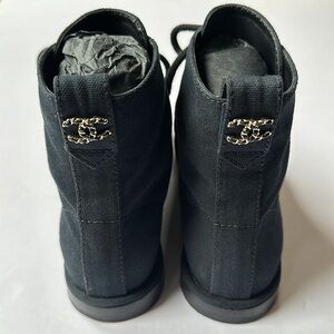 CHANEL Cotton Grosgrain Cap Toe CC Black Lace Up Boots Original Box Dust Bags 38